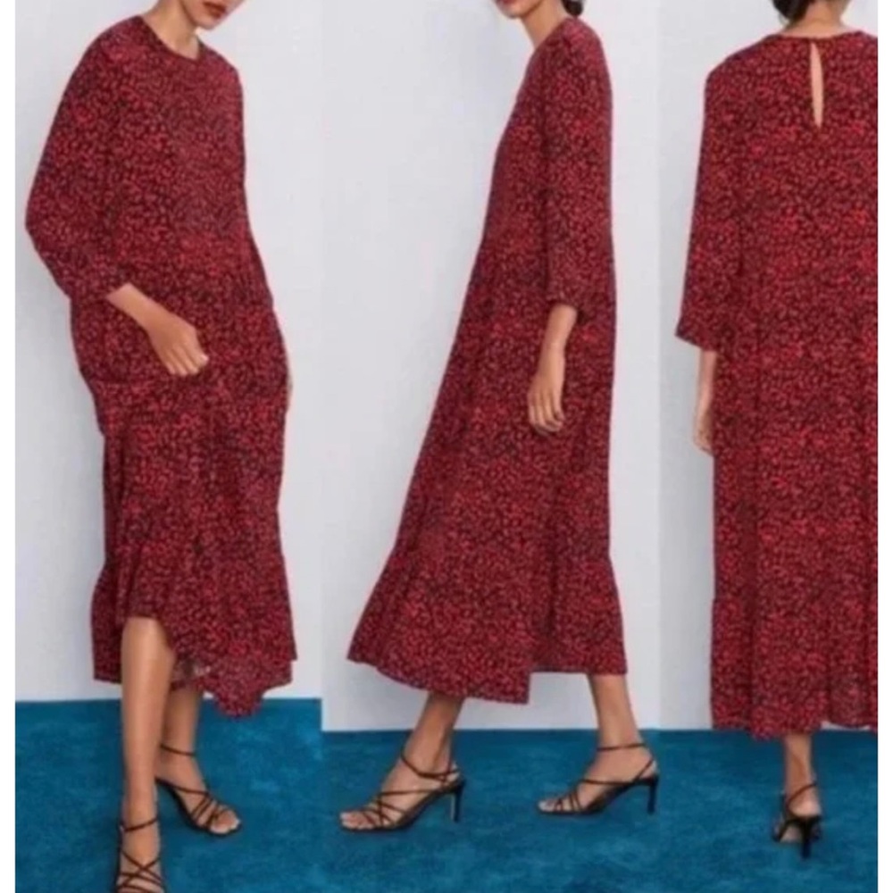 Zara Red Leopard Printed Midi Tent Ruffle Hem Dre… - image 1